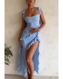 Vestido Sem Alças Plissado Azul Com Fenda - Fluzzia